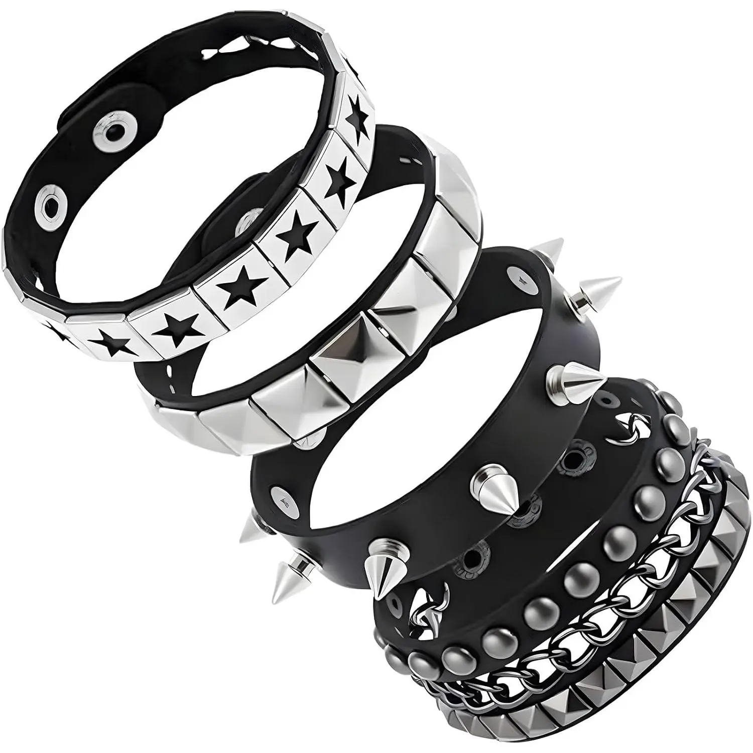 4 count Studded Spiked Bracelets for Women and Men, Emo Punk Leather Wristband Set, Grunge  90s , Goth Alt Accessories, 80s Retro Style