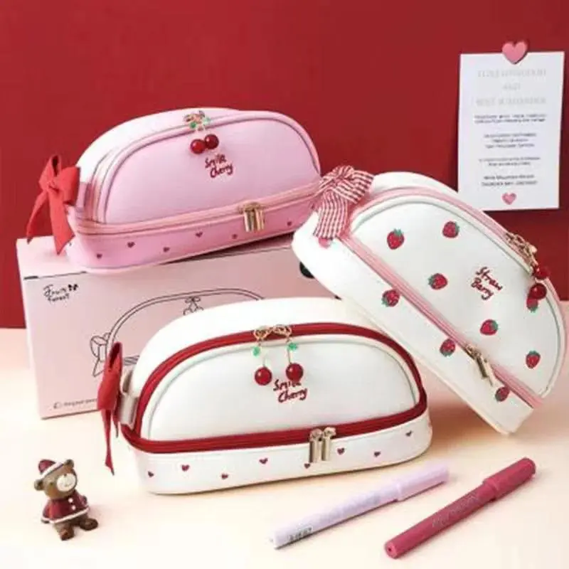1Pcs Cute Girl Pencil Case Double Layer Strawberry Cherry Love Large Capacity Pencil Case Student Stationery Storage Pen Bag