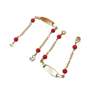 Red Beads ID Bracelet Kids Engravable Plain Bar Bangle Lucky Protection Amulet Adjustable Link Chain 1 Pcs Birthday Baby Shower Gifts for Girls Boys