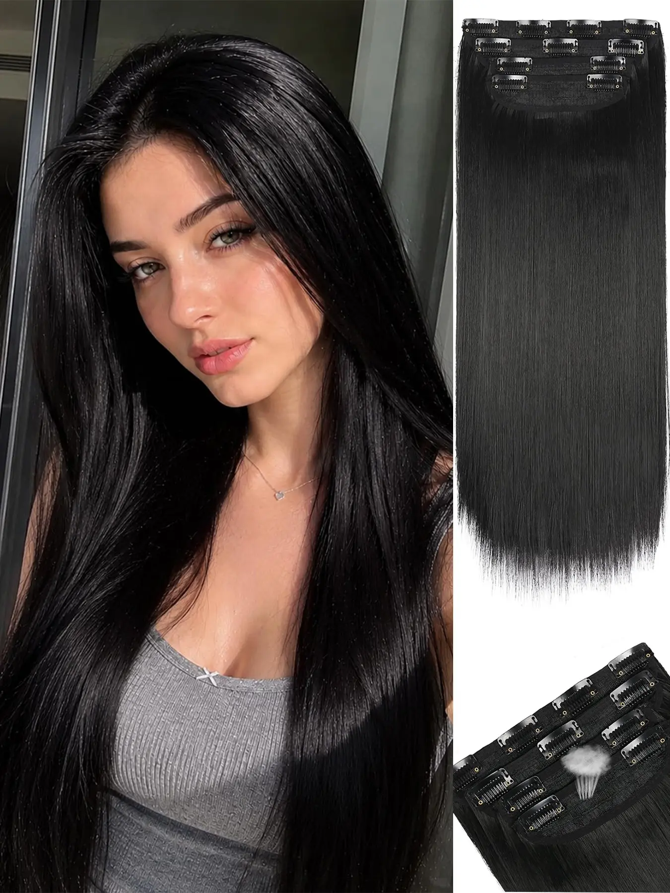 Natural Straight Hair Extension Clips, Synthetic Extensions, 20 Inch Long, 4pcs, Medium Length, Soft and Easy Installation, for Women Girls, Artificial Hair Extension