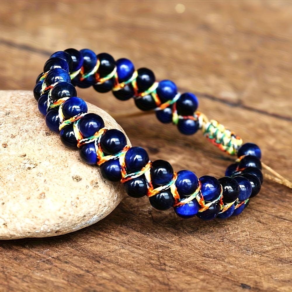 Bohemian style adjustable bracelet - natural cat's eye/tiger's eye beads, navy blue and gold accents, adjustable knot clasp, suitable for daily wear and vacation, women's accessory, July birthstone gift - uncoated natural stone bracelet, tiger's eye beads
