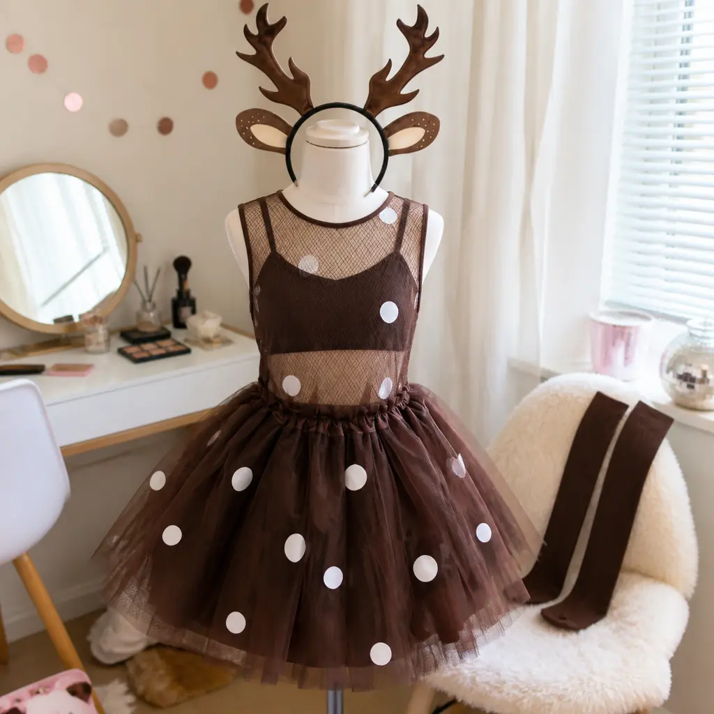 Adult Reindeer Tutu Costume Set with Antler Headband, Brown White Spot Christmas Party Outfit