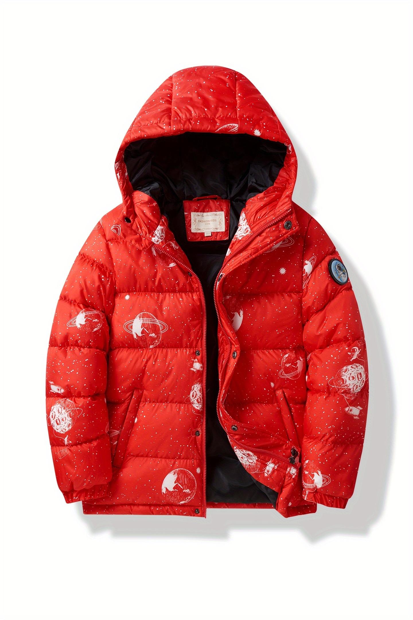 (New)Boys' Winter Hooded Jacket - Thickened Warm Coat with Zipper Closure, Red & Casual Outerwear, Polyester, Regular Fit for Cold Weather, Winter Coat for Boys, Durable Kids' Clothing
