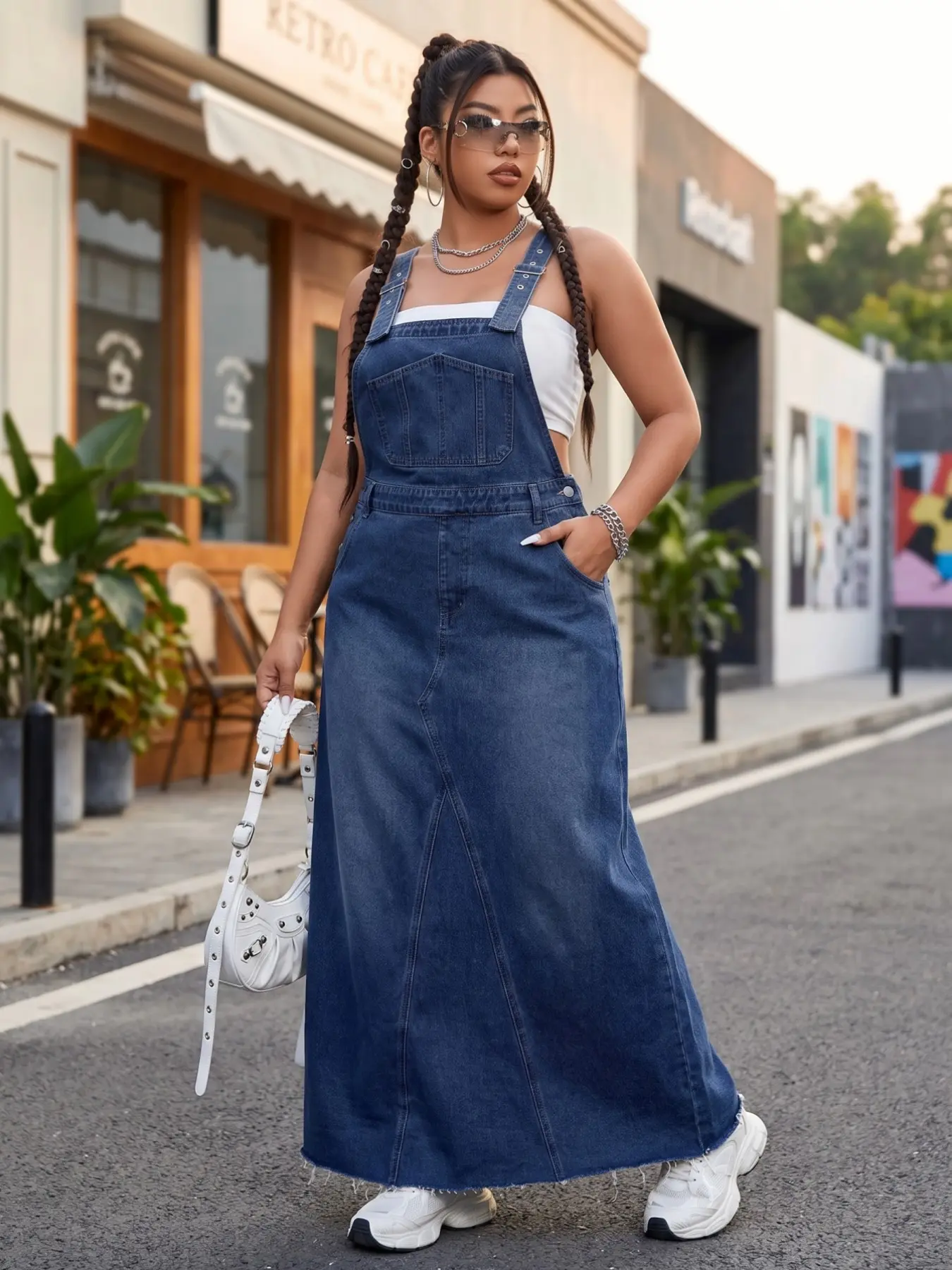 Women's Plus Size Vintage Washed Denim Strap Long Dress, Sleeveless Workwear Pocket Overall, Retro Style Fashionable
