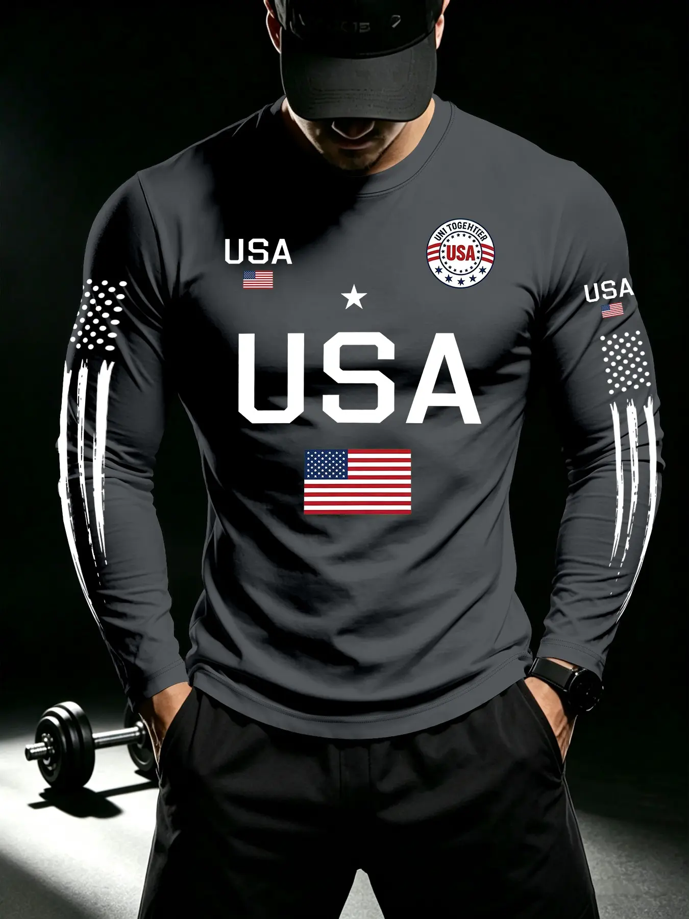 Men's Outdoor Sport Long Sleeve T-Shirt, Usa Flag Print, Casual Round Neck, Streetwear, Commute, Workout, All Seasons