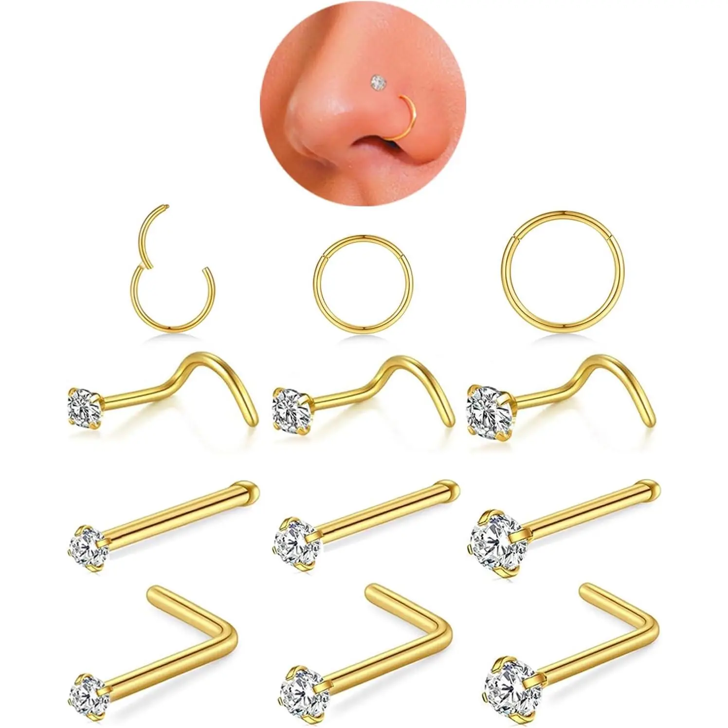 18g Nose Rings Hoop and 20g Nose Studs Sets for Women Men,316L Surgical Stainless Steel Hinged Clicker Segment Nose Rings Hoop Helix Cartilage Daith Tragus Sleeper Earrings Silver Gold Black L Shape/Corkscrew/Straight Nose Studs Real Body Piercing Jewelry
