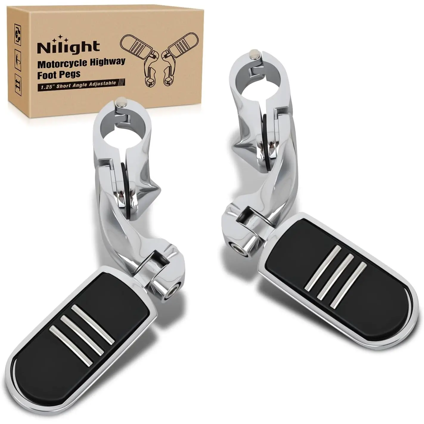 Nilight 1.25 Inch Motorcycle Highway Pegs For Harley Davidson Touring Road King Street Glide Sportster Adjustable 360° Angled Foot Pegs P-Clamp Universal For 1-1/4 Inch Engine Guard Crash Bar Highway Footpegs