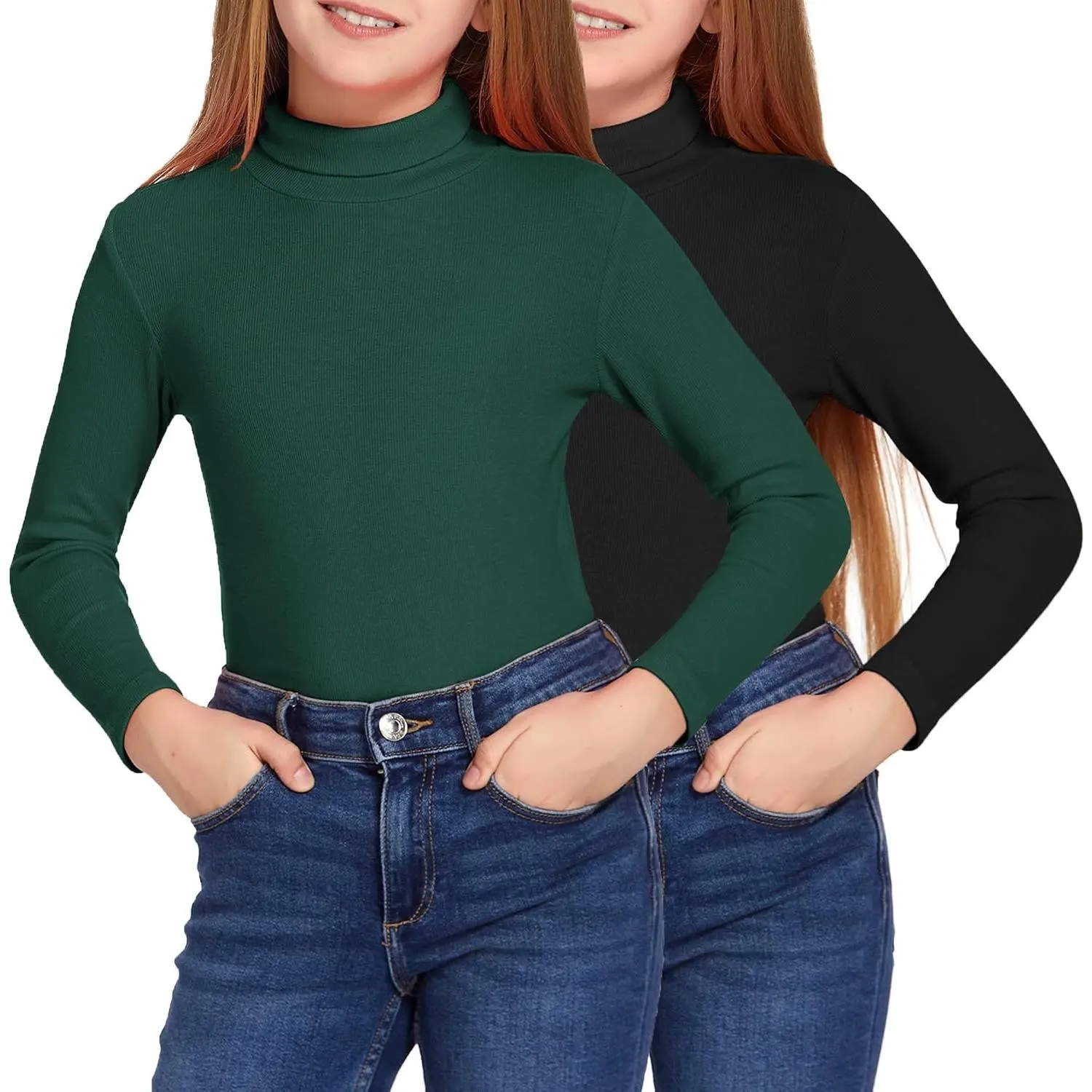 Girls 2 Pack Turtleneck Long Sleeve Shirts Ribbed Pullover Top