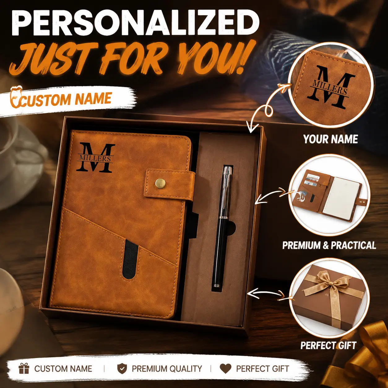 1 set of high-end customized A5 notebook set, business notebook gift box, customized text, PU retro cover with carving pen, with storage pocket, meeting records, company gifts, back to school season gifts, holiday gifts