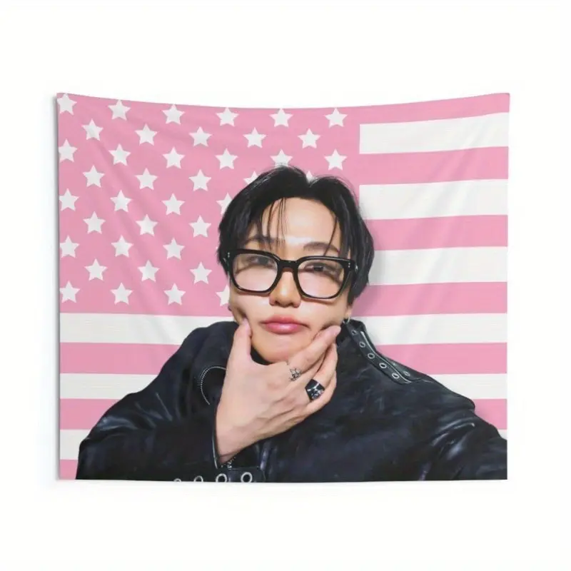 1pc SKZ Changbin Cheeks American Flag Tapestry, Patriotic Pink and White Design with Stars and Stripes, Perfect for Home Decor, Birthday Gift, Patriotic Design, Dorm, Home, Free Installation Kit Included