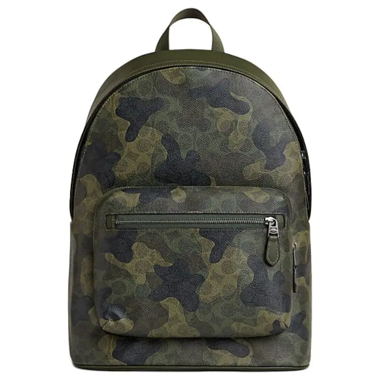 COACH West 32 Classic Logo Camo Backpack in Faux Leather – Large Unisex Style in Deep Clover