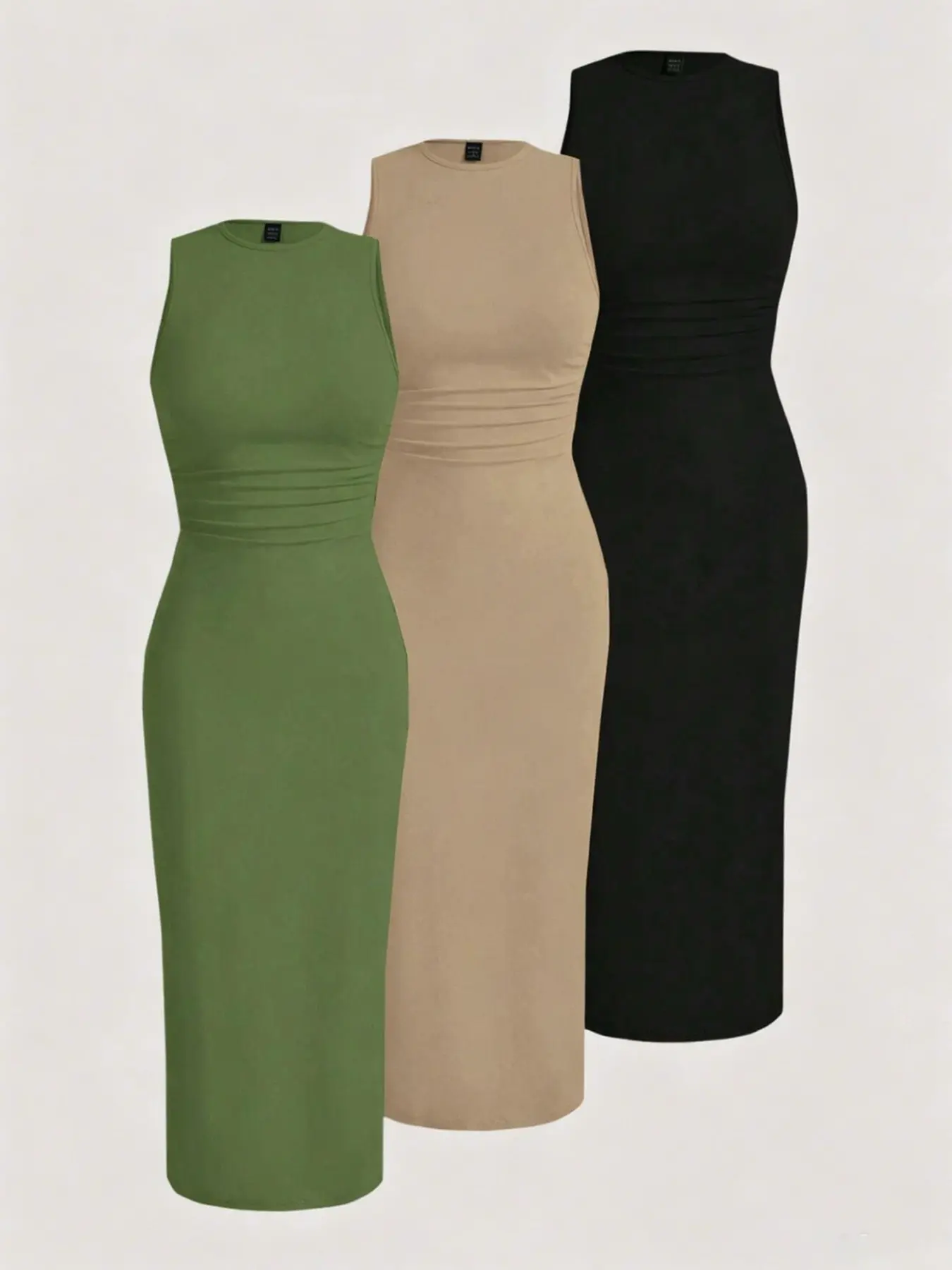 3 Pcs Women Crew Neck Sleeveless Bodycon Midi Dress Set, Waist Ruched Slim Fit Stretch Tank Dress Pack, Multi Color Basic Outfit for Daily Commute, Beach Vacation, Date Night, Concert, Street Style, Brunch, Picnic, Shopping & Weekend Casual Events