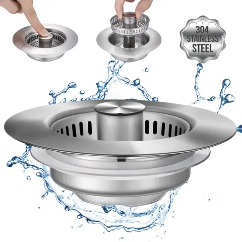 3 in 1 Kitchen Sink Drain Strainer, Stainless Steel Sink Stopper, Anti-clogging Drainage Odor Filter Sink Plug, Drain Cover Strainer for US Standard 3 1/2 Inch Drain, Home Goods
