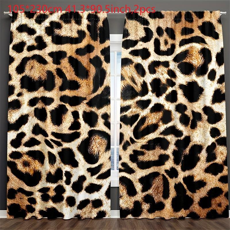 Leopard Print Curtain, 2 Counts Decorative Window Curtain, Washable Rod Pocket Drapes, Home Decoration Curtain for Home Bedroom & Living Room Decor