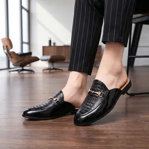 BDHJYDB Men's New Backless Mules, Crocodile Pattern Metal Buckle Casual Loafers