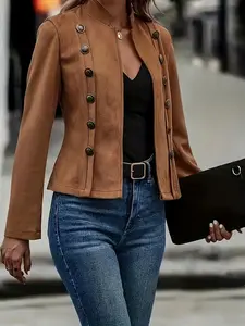 European and American Cross-Border Solid Color Double Button Decorative Jacket, New Deer Fur Vintage Long Sleeve Coat, in Stock Outerwear