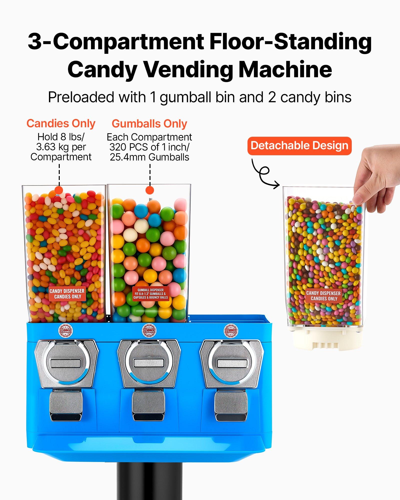 VEVOR Candy Vending Machine, Triple Compartment Candy Vending Machine with Stand, Gumball & Candies Vendings Machines with Built-In Cash Box, Detachable, Vintage Candies Dispenser for Shops, Arcades