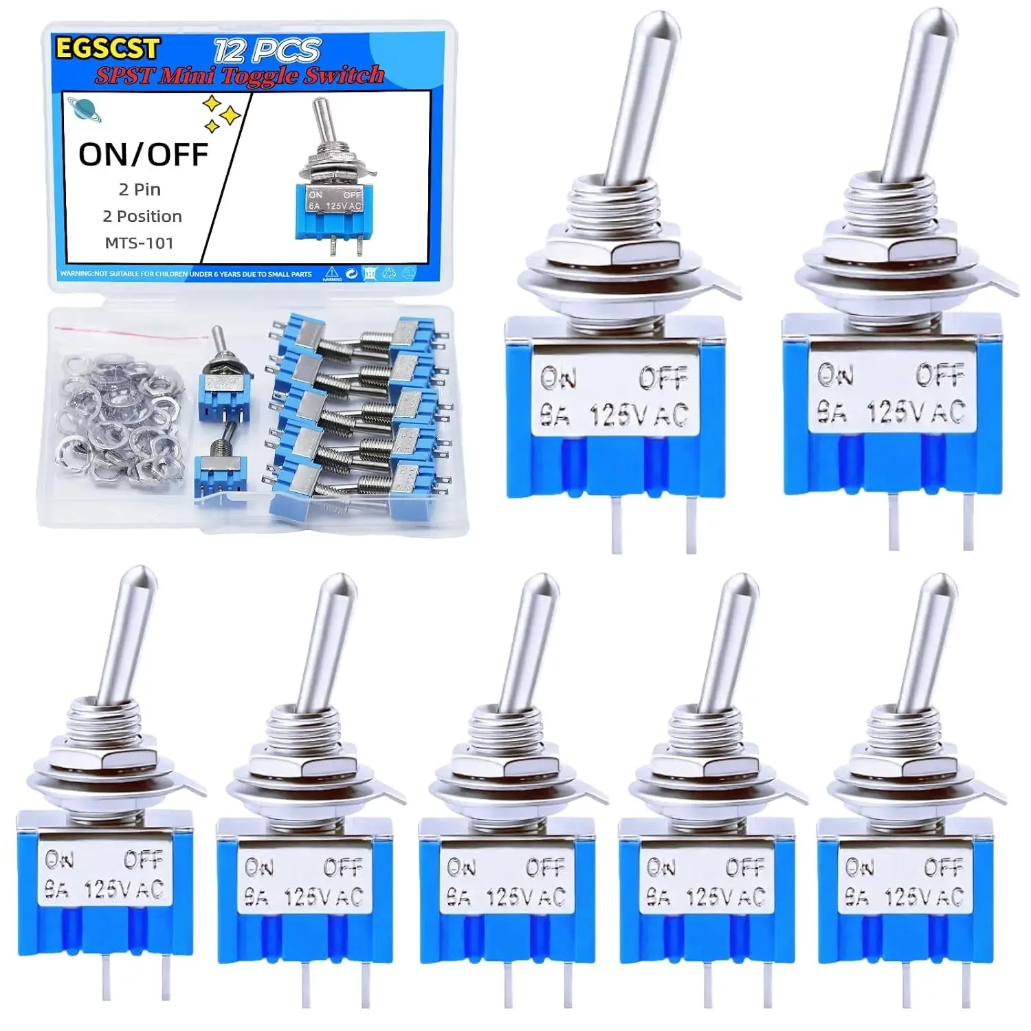 12PCS Mini Toggle Switch SPST 6A 125V Miniature ON/Off 2 Pin 2 Position Micro Rocker Switches 6 Amp 125 Volt MTS-101
