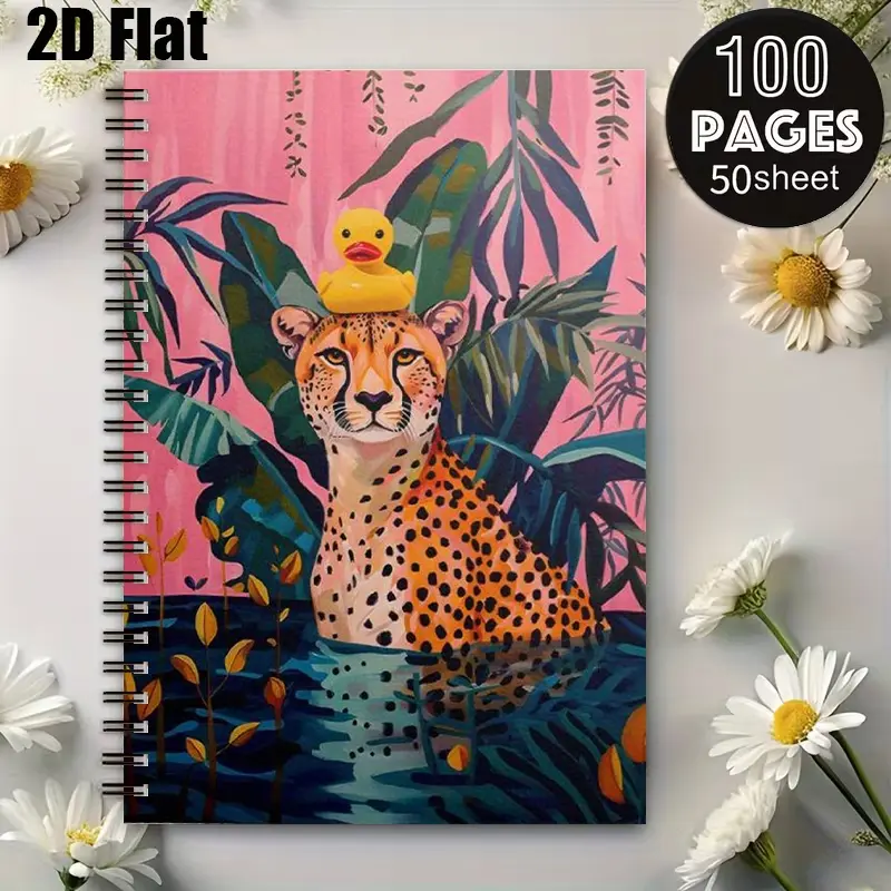 1 Spiral Coil Notebook 5.7X8.26inch, Cheetah & Rubber Duck Design, High-Quality Lined Pages, Durable Binding, Perfect for Jungle Adventure Journal, Travel Diary, Back-to-School Gift, Birthday Present for Animal Lovers, Summer Vacation Notebook, Dail