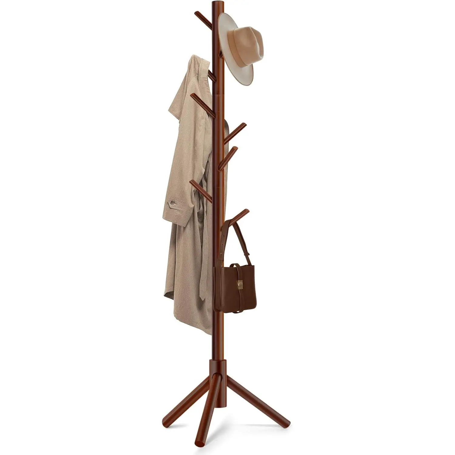 Upgraded 1-Piece Solid Wood Freestanding Coat Rack - New Zealand Pine, 8 Hooks, 3 Heights, 53 lbs Max Load, Space-Saving, for Hanging Items (Coats, Hats, Handbags, Scarves), Suitable for Entryway/Bedroom, Brown, Teenagers