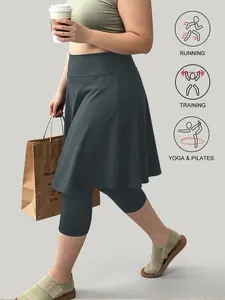 Plus Size High Waist Side Zip Pocket Skirt Pants, Quick-Dry Soft Hip-Hiding Midi Skirt + Seven-Eighths Bottoms, Yoga Running Training Sports Skirt Pants