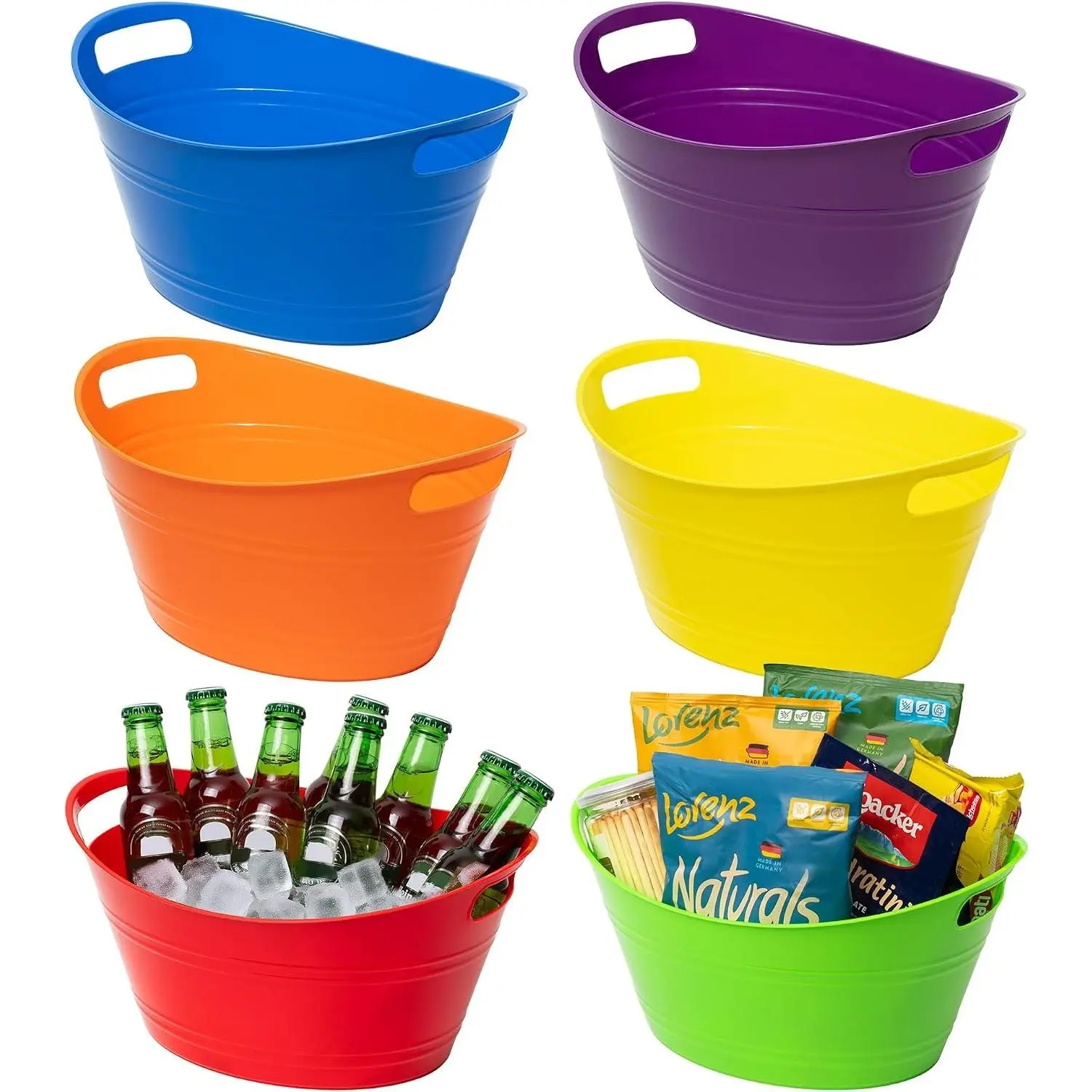 6 Pack Ice Buckets with Handles, Ice Drink Tub for Party & Bar, Wine Beer Champagne Beverage Cooler, Plastic Storage Tub, Oval Storage Basket for Home, 4.5 Liter Each, Multi-Color