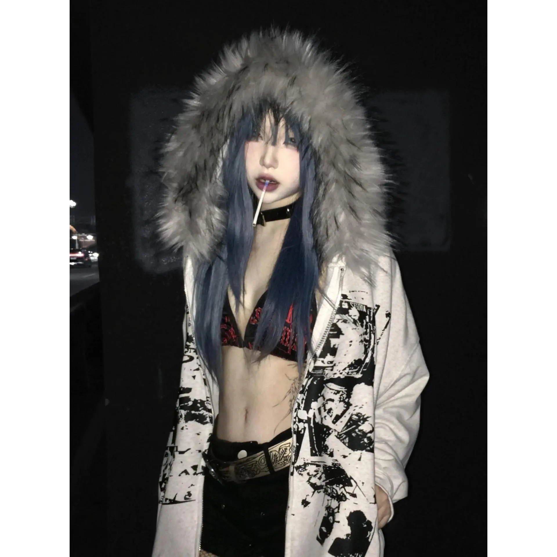 Faux Fur American Vintage Coats with Hooded Women's Y2K Sweatshirts Gothic Harajuku Subculture Punk Emo Sweatshirts and Jacket