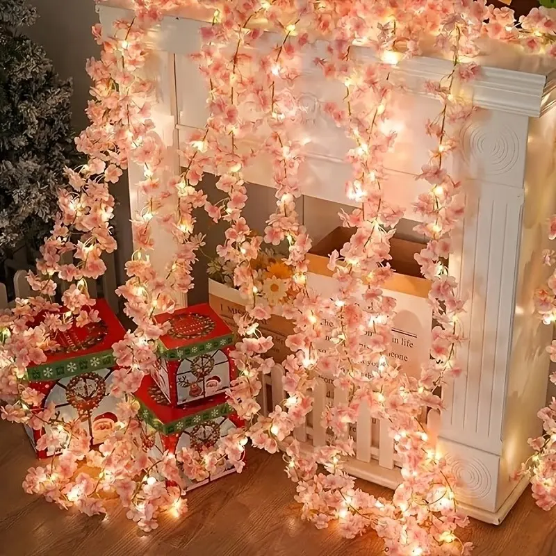 2 Meter Artificial Cherry Blossom Waterfall String Lights, Soft Creamy Style, Waterproof Warm Light, Bedroom Wedding Christmas Decor
