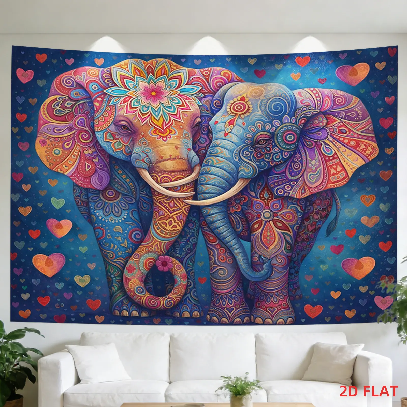 Boho Colorful Tapestry - Large/Small 2D Flat Wall Hanging with Intricate Elephant, Hearts & Other Patterns, Home Inspo Boho Decor Room Art for Living Rooms, Meditation Spaces, Multi-Size, Colorful Print