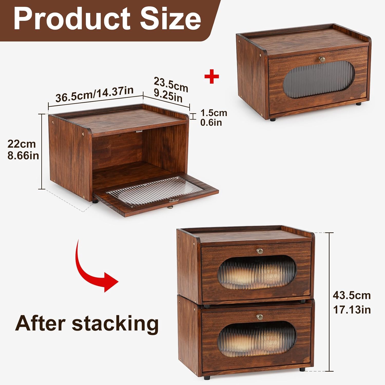 Bread Box for Kitchen Countertop Storage Wooden Breadbox Holder Container Morden Rustic Fresh Bread Keeper Farmhouse Stackable Organizer Bin for Homemade  Shelf  Window (Brown)