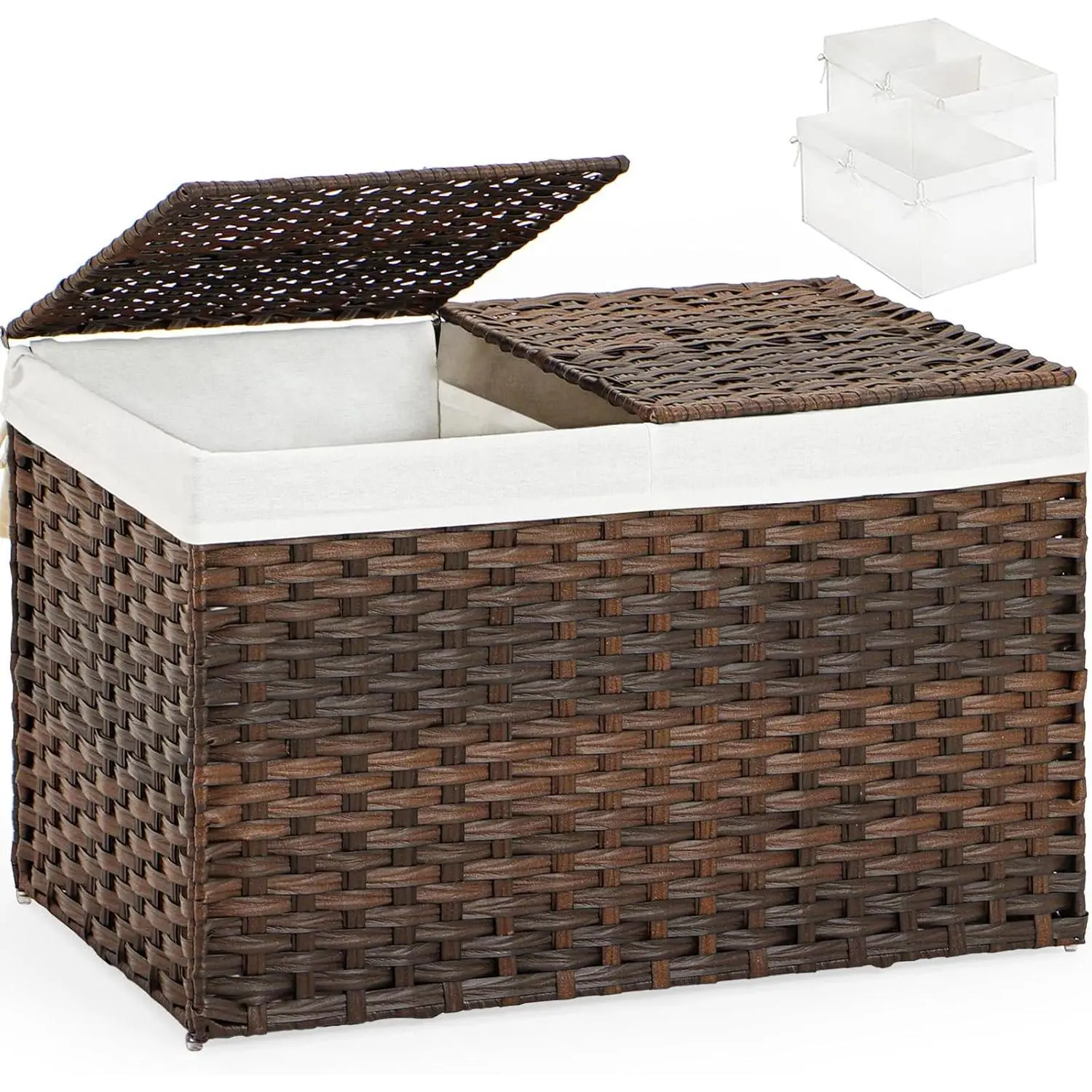 Storage Basket with Lid - 42.3 Gallon (160L) Large Wicker Basket with 2 Separate Lids and 2 Liners - Rattan Woven Storage Basket for Bedroom Laundry, Brown
