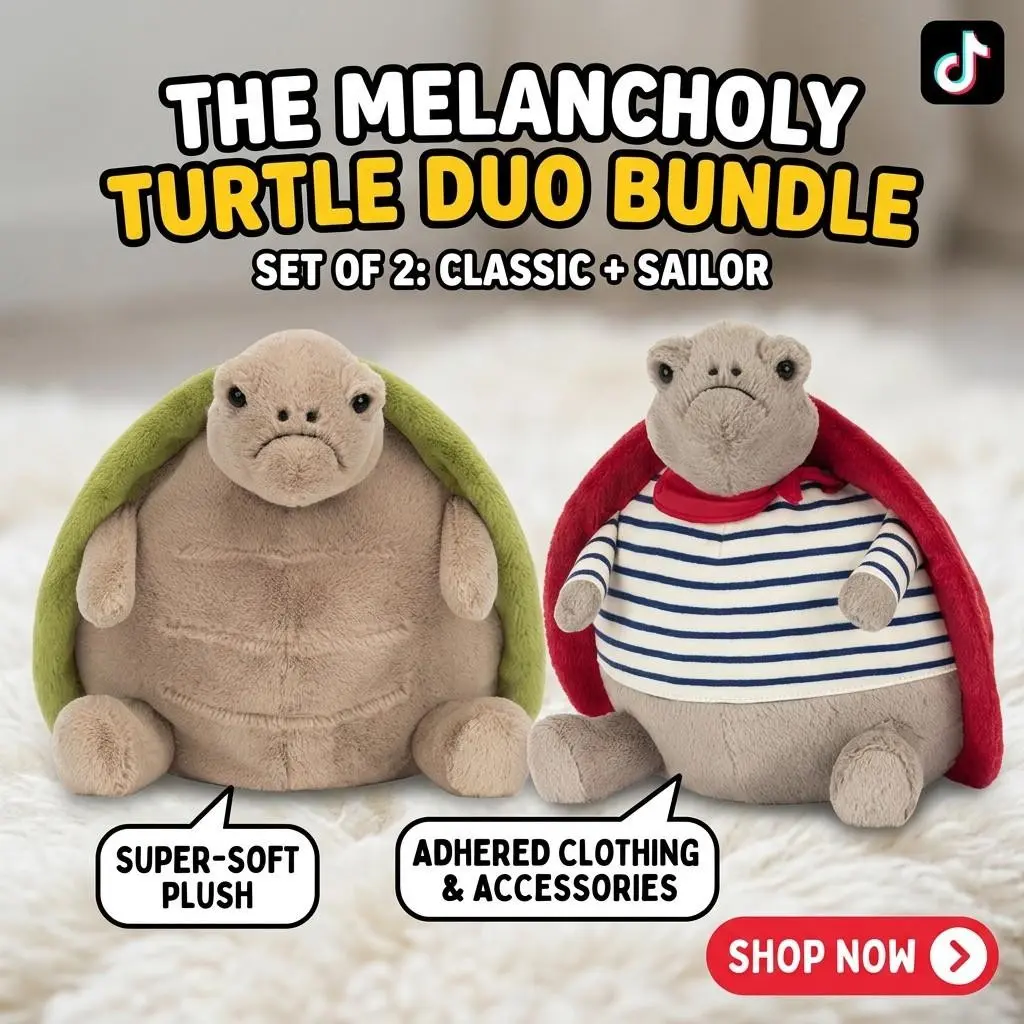 The Melancholy Turtle Duo Bundle, Set of 2 Classic & Sailor Sad Turtle Plushies, Super-Soft Stuffed Animal Toy, Cute Stuffed Animals for Emotional Support, Cute Grumpy Sea Turtle Throw Pillow, Adorable Room Decor Gift for Kids & Adults - 2 PCS Set