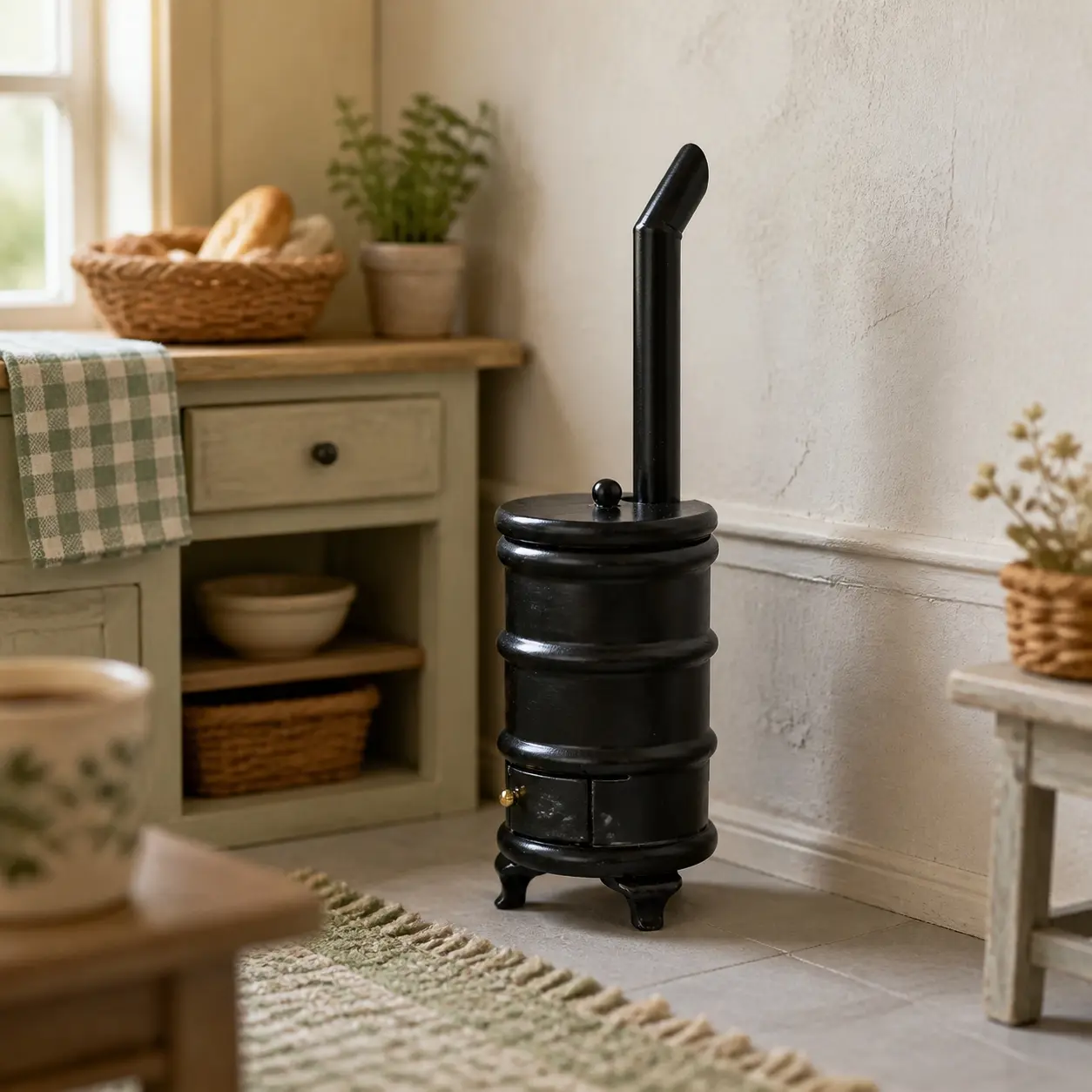 Dollhouse Mini Black Wood Cylinder Stove with Chimney Log Fireplace Kitchen Living Room Decor Accessory Christmas Easter New Year Gift
