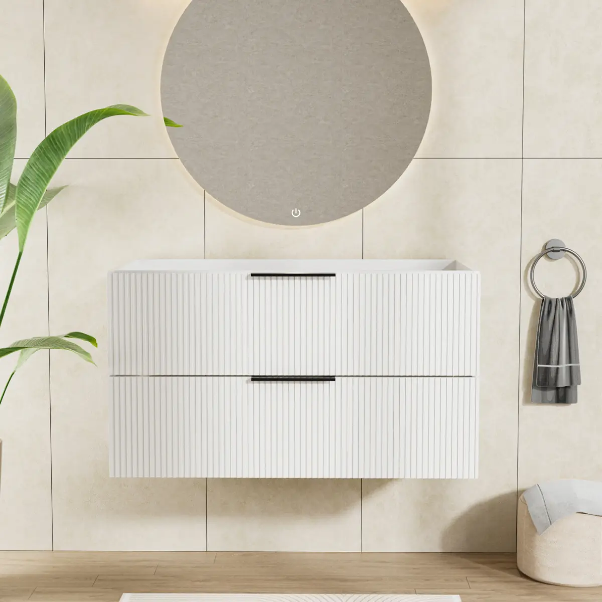 36 Inch Wall-Mounted Bathroom Vanity Cabinet without Sink, Floating MDF Bath Storage Vanity with 2 Drawers and U-Shaped Plumbing Cutout, Modern White