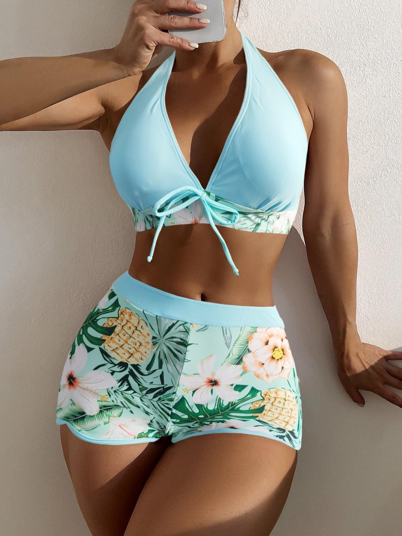 Two-Piece Set Women's Tropical Print Tie Front Halter Tankini Set, Casual Sleeveless Swim Top & Swim Shorts for Summer Beach Holiday Vacation, Summer Outfits 2024, Tankini Bathing Suits