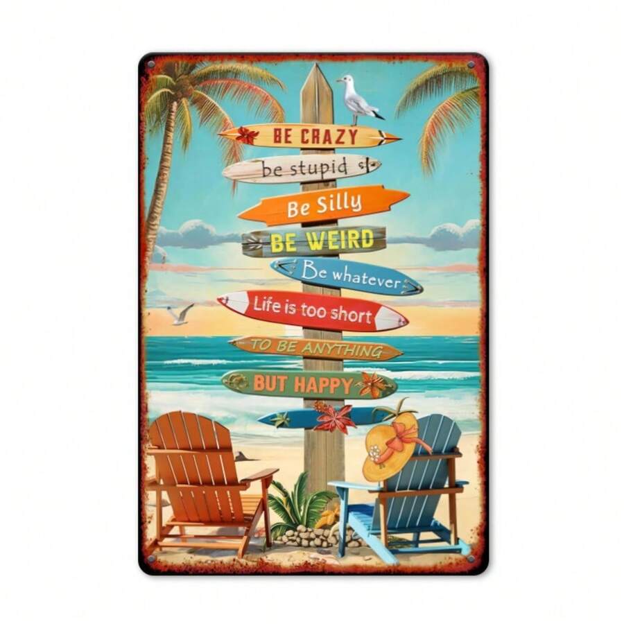 Retro Beach Surfboard Metal Tin Sign - Vintage 8x12 Inch Wall Art with Inspirational Quotes, Perfect for Cafe, Bar, or Beach House Decor