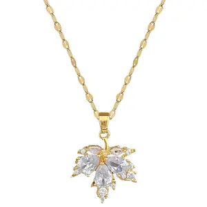 Loveden gold-plated maple leaf jewelry set, titanium steel chain with copper pendant necklace + copper gold-plated silver needle earrings, sparkling zircon maple leaf set of women's gift accessories