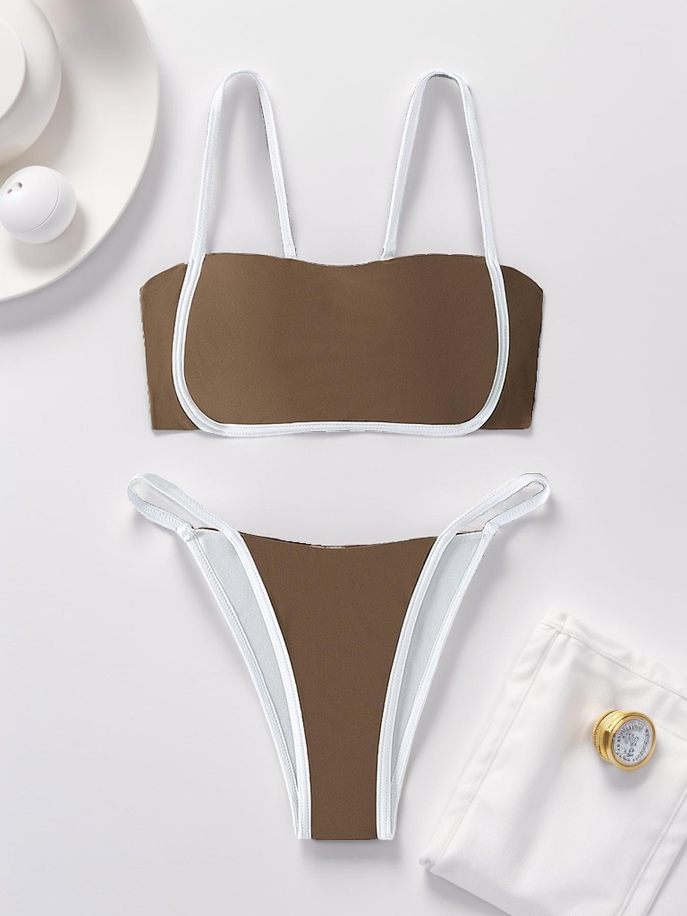 Two-piece Set Women's Contrast Binding Knot Back Bikini Set, Adjustable Strap Swim Top & Colorblock Thong Swimsuit Sets, Summer Bathing Suits, Swimsuit for Women, Women's Swimwear, Girly Clothes, Swimming Suit, Bikinis Set