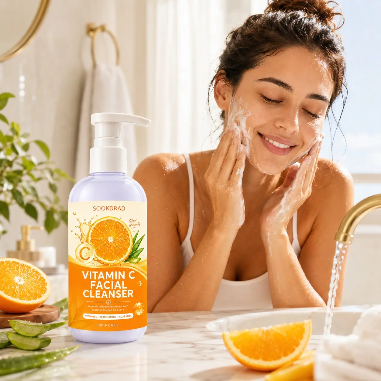 Vitamin C Facial Cleanser, with Vitamin C, Niacinamide, Aloe Vera, gentle brightening cleansing, for face, all skin types, daily facial care, 300ml/10.14fl oz