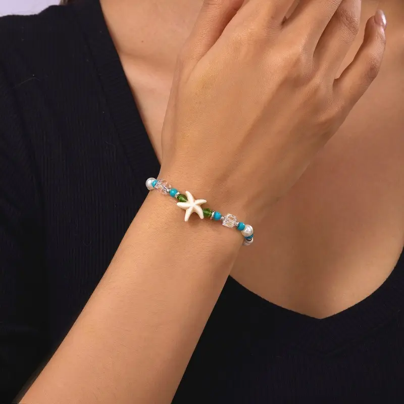 Unisex 2PCS Bohemian Shell Starfish Shape Braided Cord Seed Bead Bracelet - 2-in-1 Adjustable Size Pull String Anklet, Beachwear Instagram Trendy Summer Jewelry (Bag Charm Accessory)