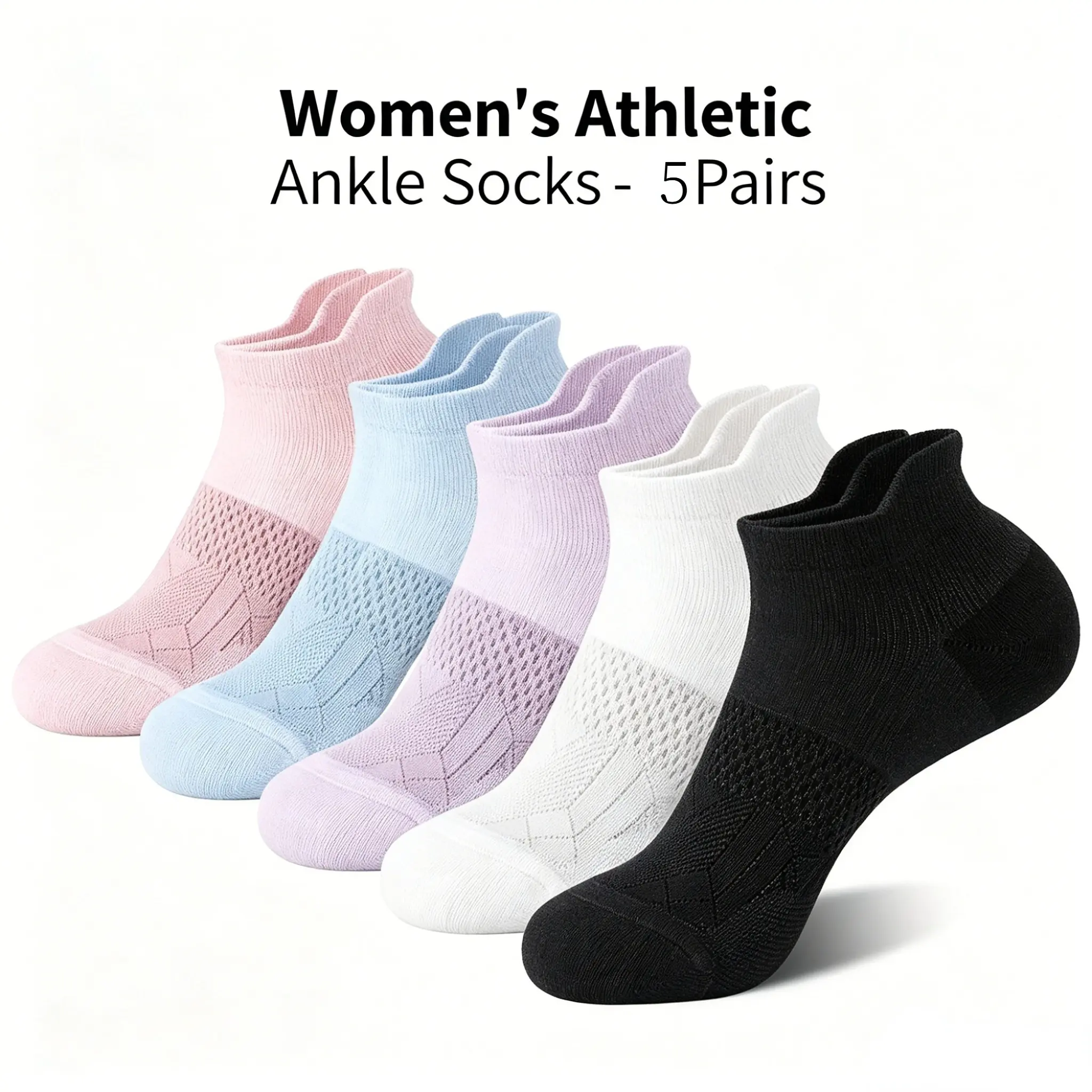 5 Pairs Women's Compression Socks, Arch Support Low Top Sports Socks, Moisture-Wicking Breathable Fabric, All-Season, Unisex, Multi-Color Set, Athletic Sports Socks, Active Socks