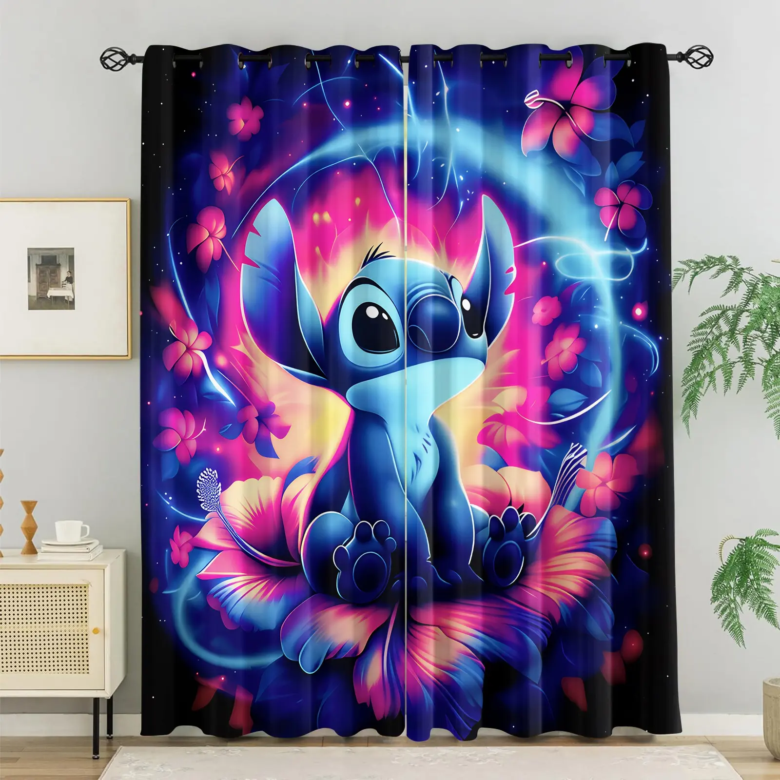 Stitch Pattern Curtain Set, 2-Pack, For Living Room, Balcony And Bedroom Windows, Perfect Home Seasonal Holiday Room Decoration, Window Curtain Panels