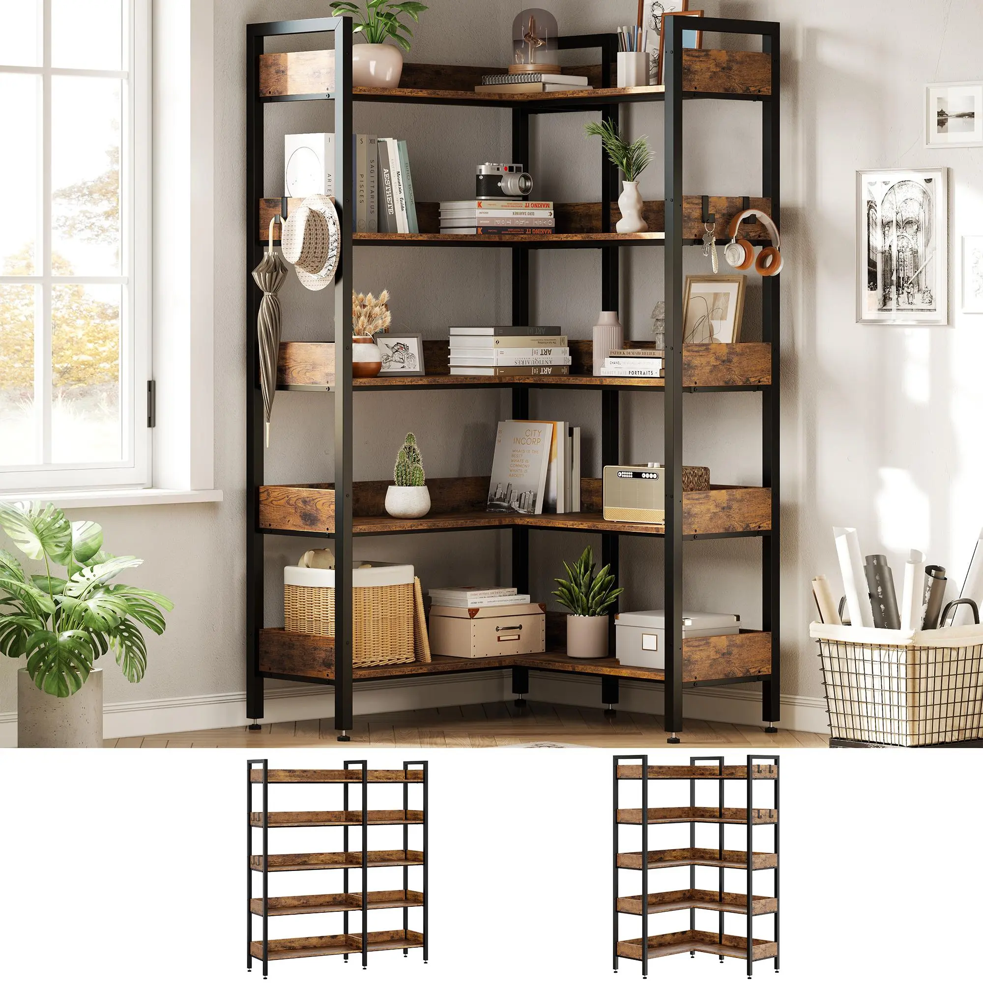 5-Tier Height Convertible L-Shaped Corner Bookshelf - Industrial Look Corner Display Shelf, Modern Metal & Wood Bookcase with Sturdy Frame, Retaining Panel & Hooks, Space-Saving Organizer for Office, Living Room (Requires Assembly)