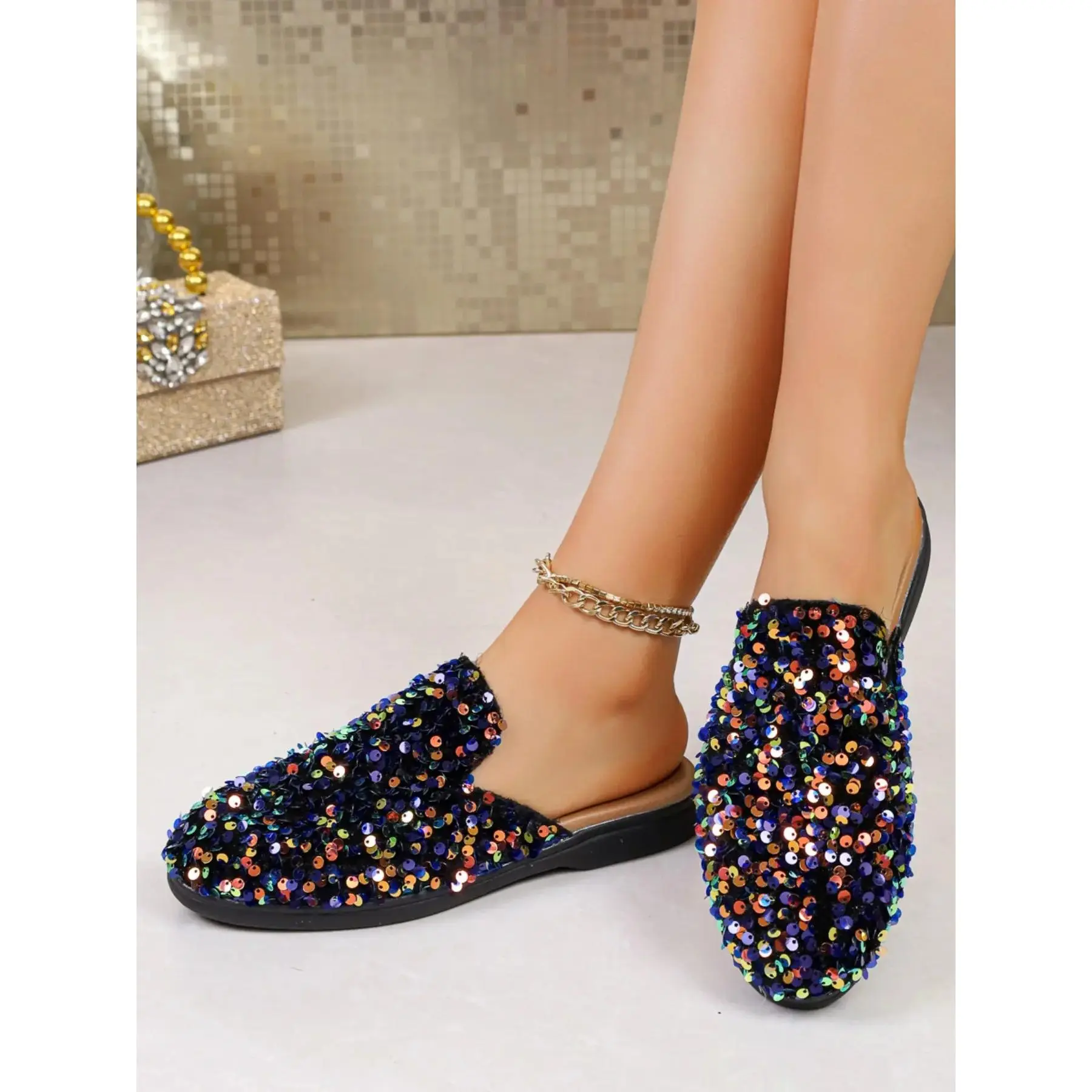YYW1 Sequin Open Toe Women, Flat, 2026 Trendy Outdoor-Ons, Casual Low Heel Half-Slipper Shoes, Footwear,shoes for back to school,back to school shoes
