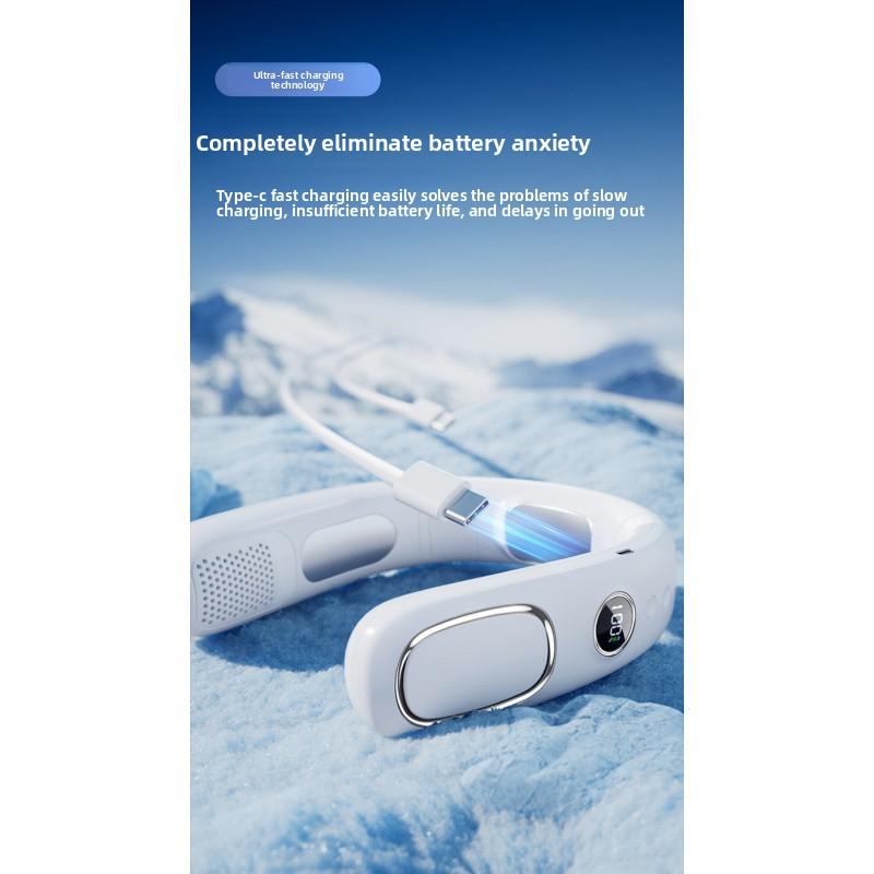 Portable hands-free neck fan with advanced semiconductor cooling technology. Features ice compress function and bladeless design for safe, comfortable cooling. USB rechargeable, lightweight and perfect for outdoor, travel, sports and daily use. Enjoy inst