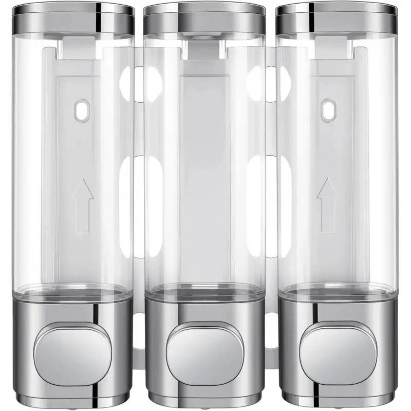 3-in-1 wall-mounted bathroom shower pump dispenser and organizer, with waterproof label, can be used for shampoo, conditioner, body lotion, shower gel, in bathrooms, kitchens, hotels (silver)