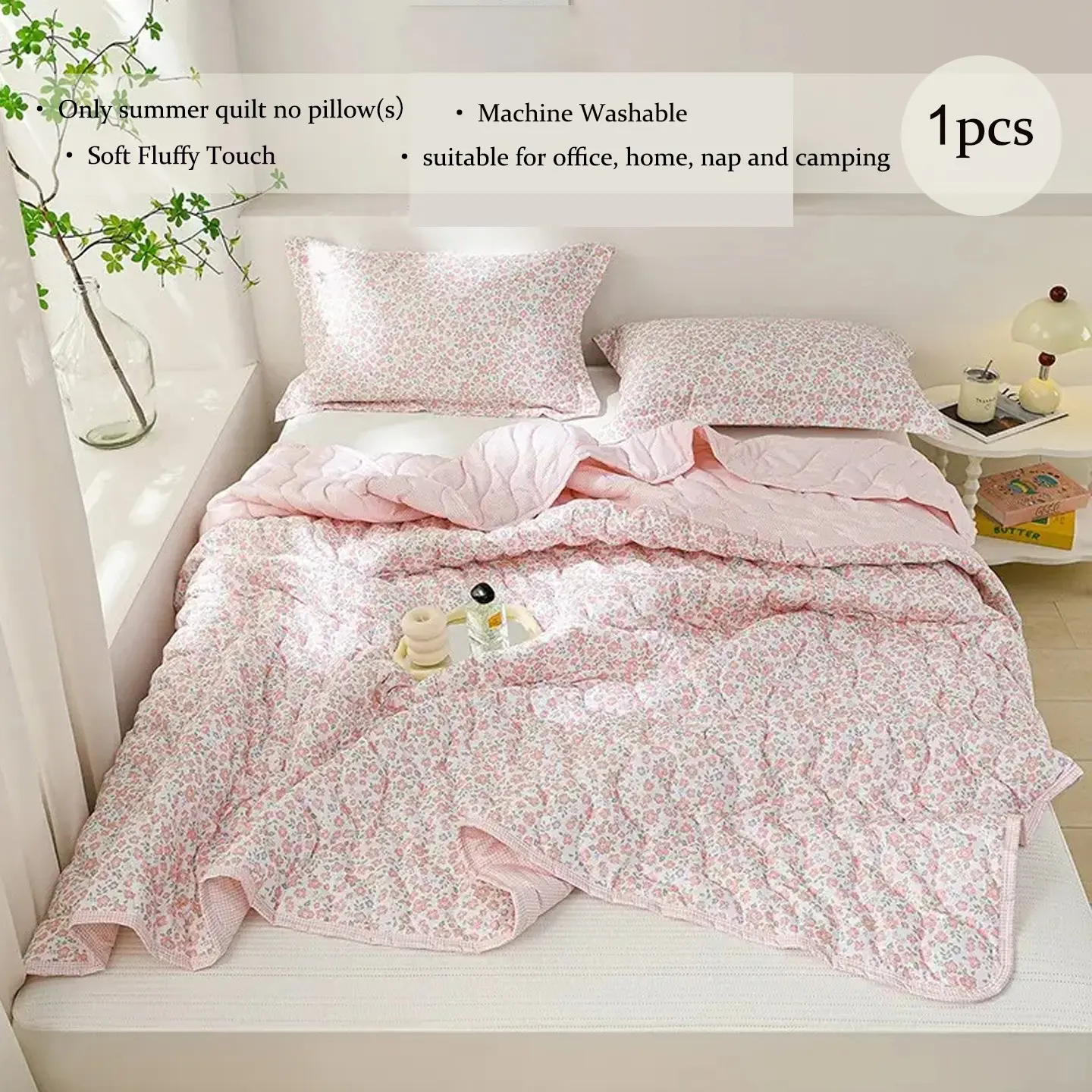 Ditsy Floral Quilted All Season Quilt, Soft Lightweight Breathable Thin Comforter, Vintage Aesthetic Bedding for Bedroom Couch Nap, Multiple Sizes Available (Only Quilt, No Pillowcases Included)