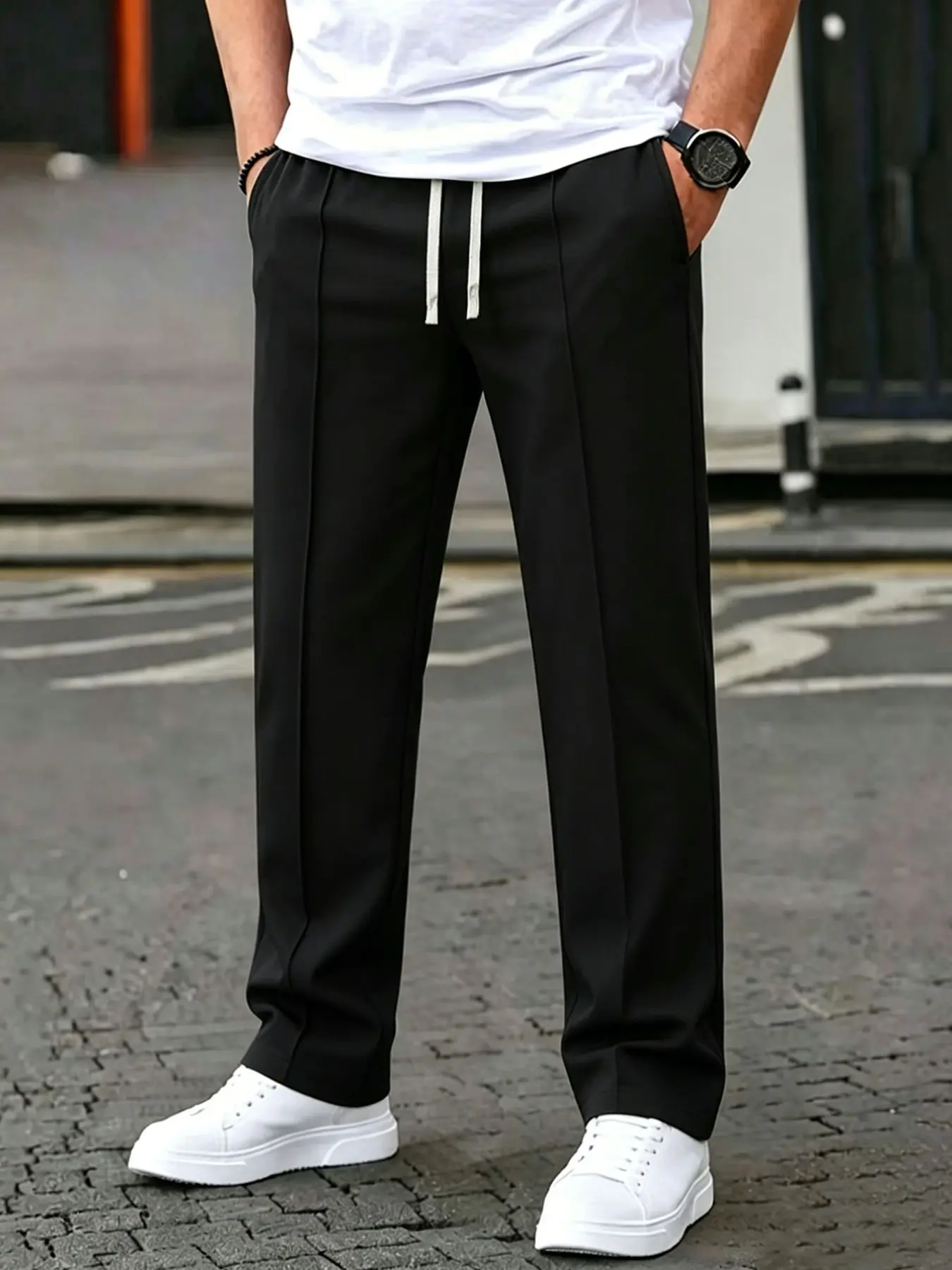 Men's Solid Color Casual Pants, Loose Fit Sweatpants, Adjustable Drawstring Waist, Slant Pockets, Ideal for Daily Wear and Outdoor Activities, Everyday Bottoms