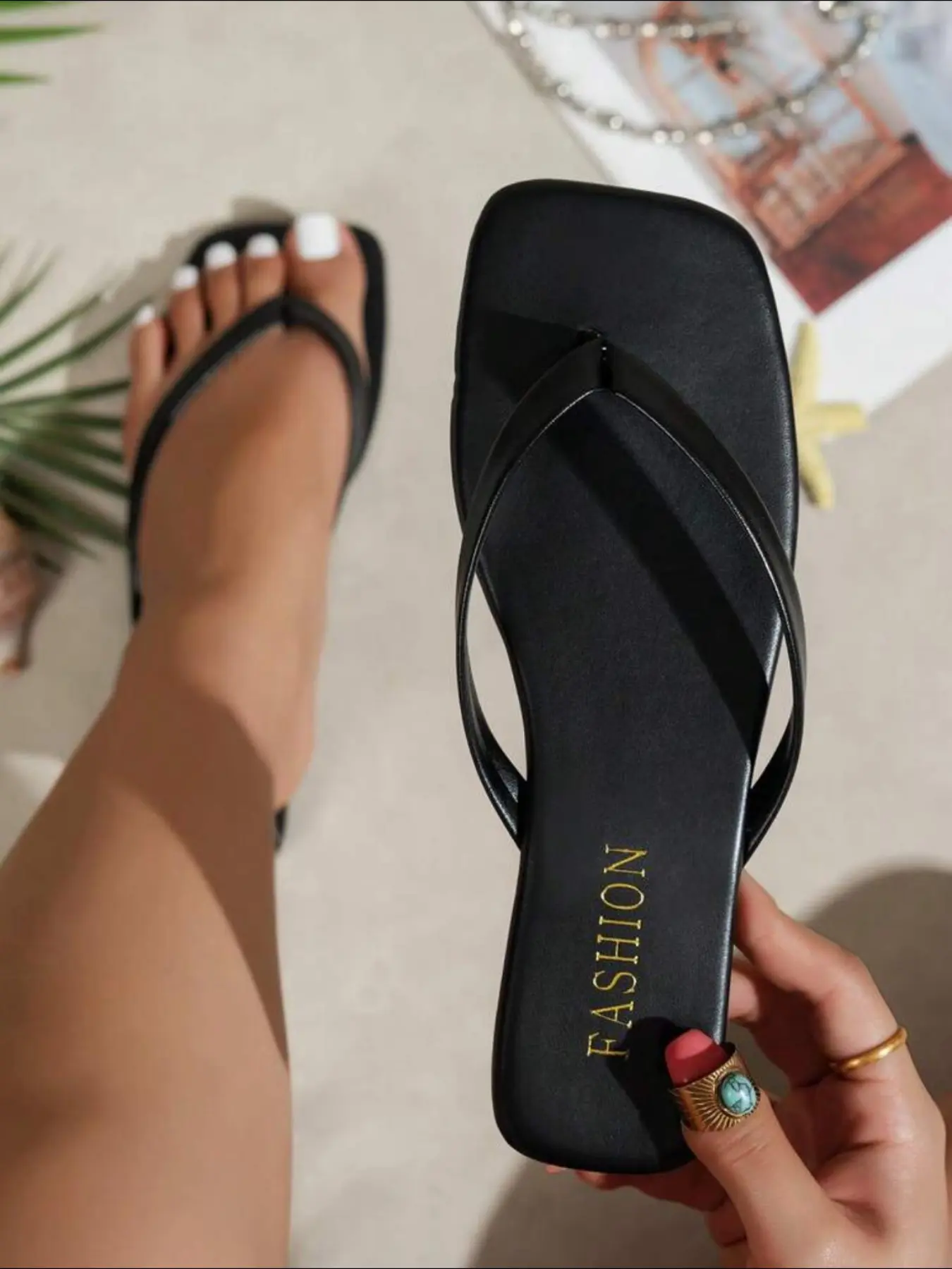 Women's Premium Faux Leather Thong Flip Flops, Soft Cushioned Insole, Non-Slip Rubber Waterproof, Casual Summer Beach Walkers, Footwear For Beach