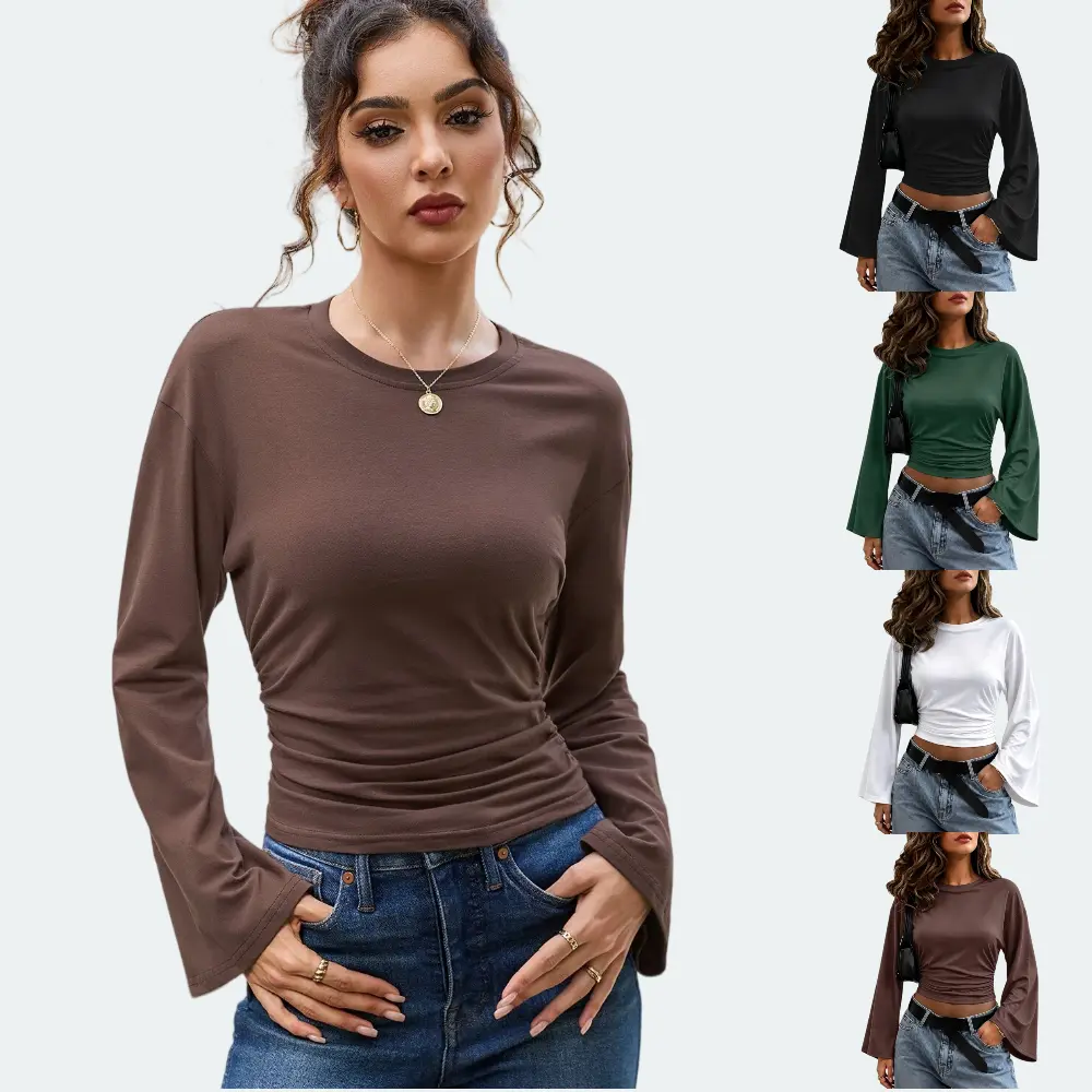 Womens Long Sleeve Shirts 2026 Crop Cinched Waist Going Out Tops Bell Sleeves Ruched Casual Y2K Tee Womenswear Basic